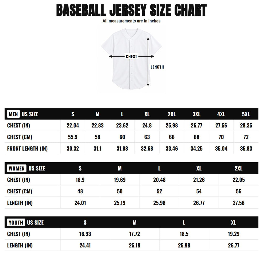 Baseball jersey size chart — men's, women's and youth measurements in inches