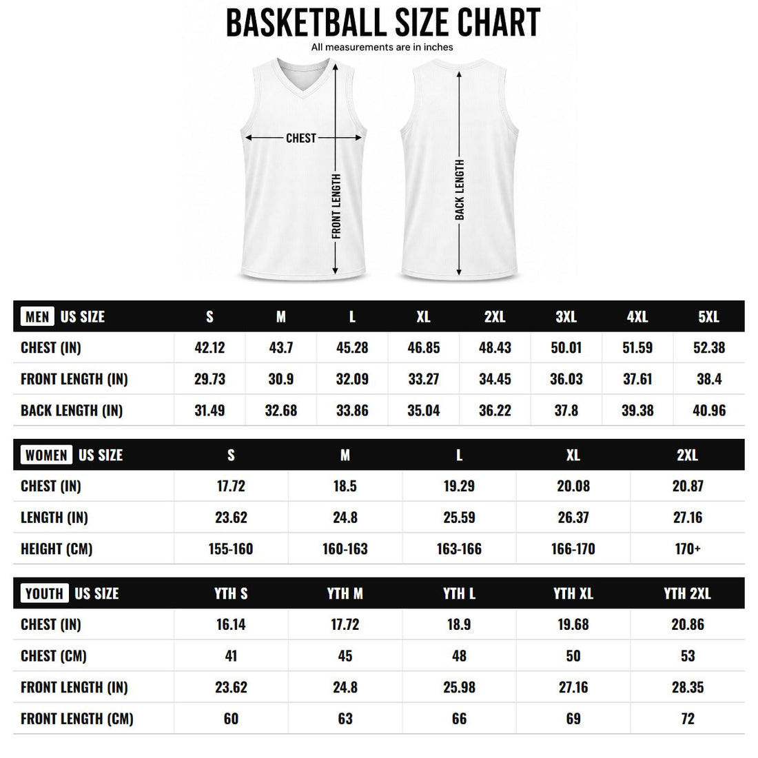 Basketball jersey size chart — men's, women's and youth measurements in inches