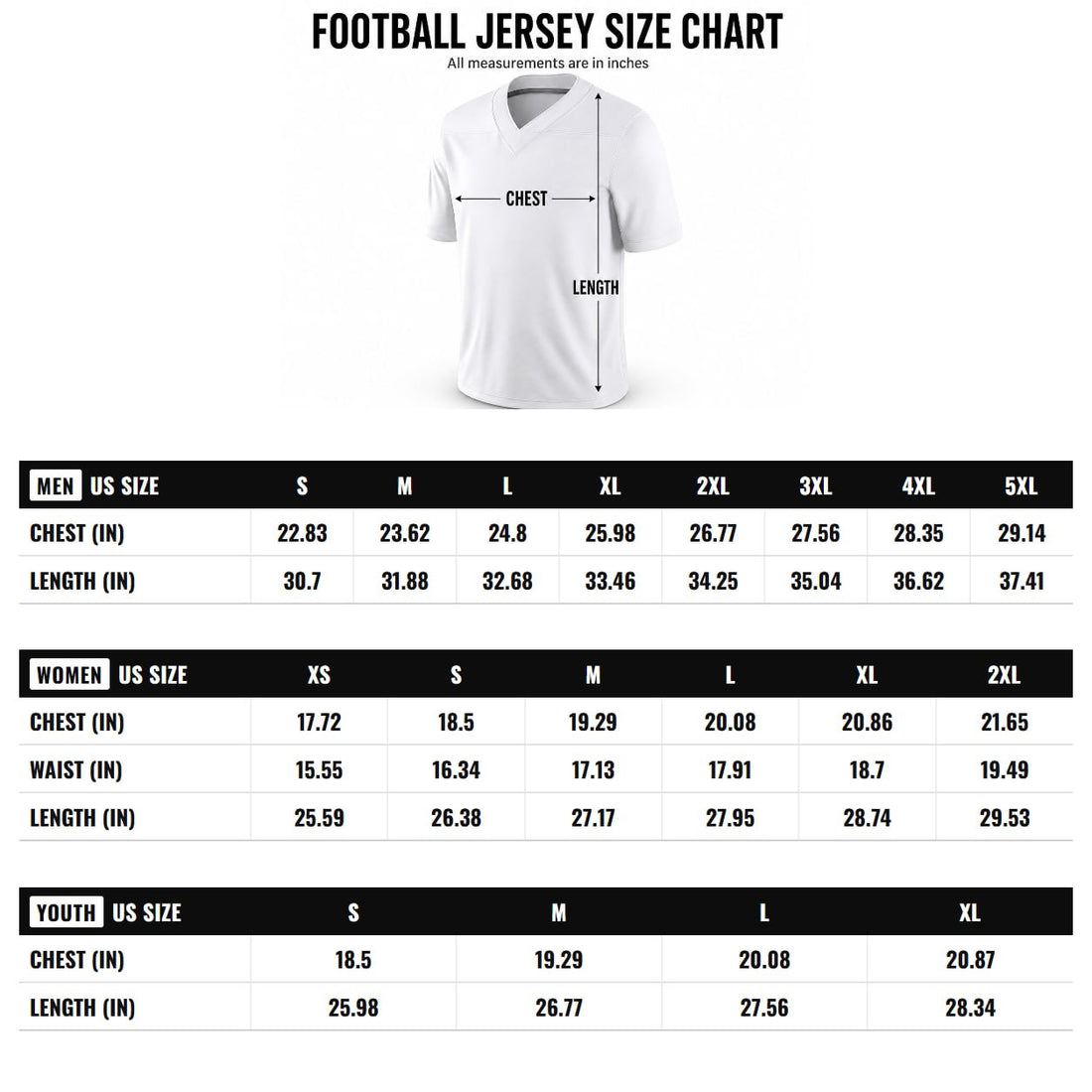 Football jersey size chart — men's, women's and youth measurements in inches