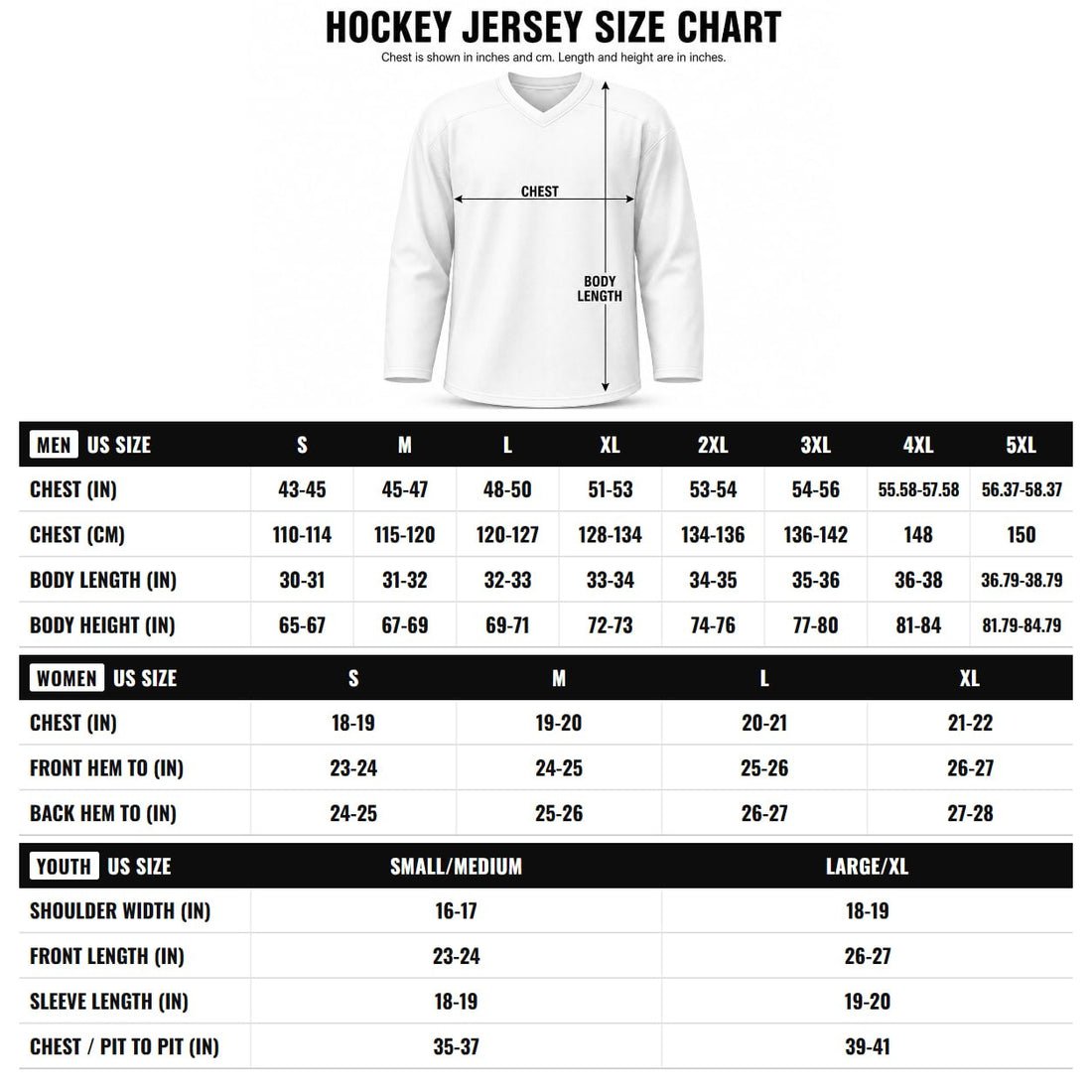 Hockey jersey size chart — men's, women's and youth measurements in inches