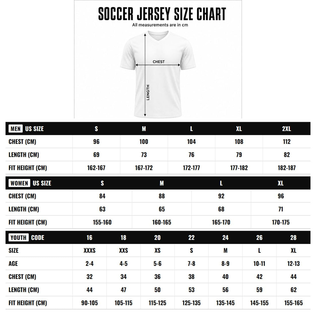 Soccer jersey size chart — men's, women's and youth measurements
